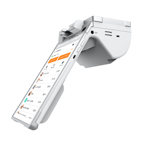 The hybrid terminal and point of sale with an 8" HD touchscreen, 4.3" customer facing display, receipt printer, and barcode scanner.