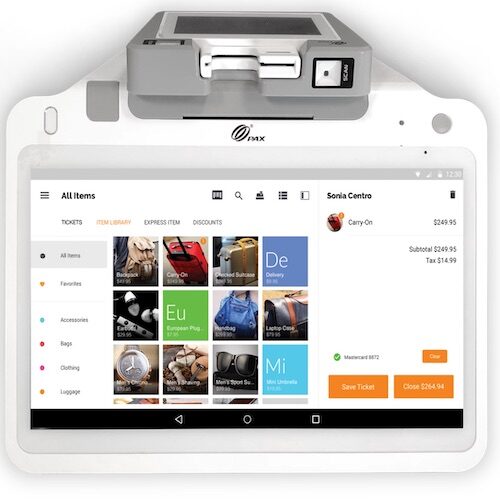 The large format point of sale with a 12.5" HD touchscreen, 4.3" customer facing display, receipt printer, and barcode scanner.
